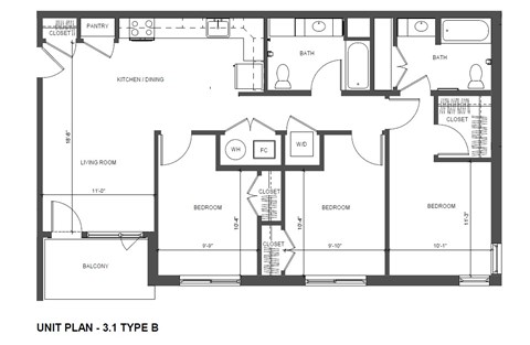 Floor plan for 3 beds, 2 baths, 1082 sqft